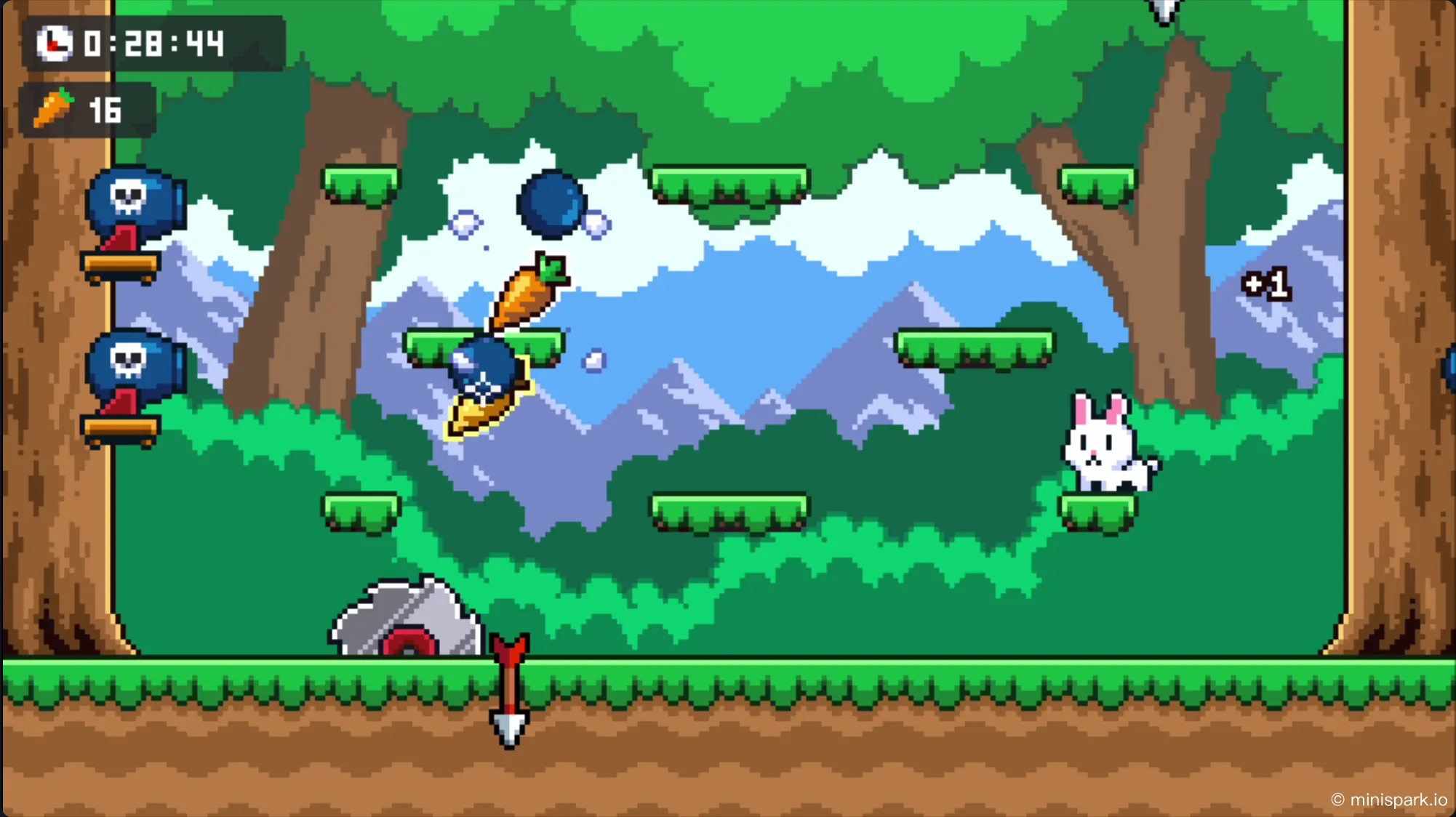 Bunny dashing through multiple hazards to collect a glowing golden carrot